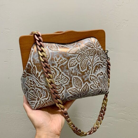 Handmade Genuine Cowhide Floral Embossed, Wooden Frame Bag & 2 Strap Styles - Picture 1 of 16